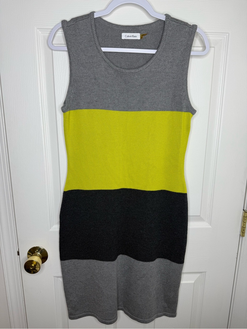 Calvin Klein Vintage Color Block Knit Sweater Dress Tunic Gray Lime M